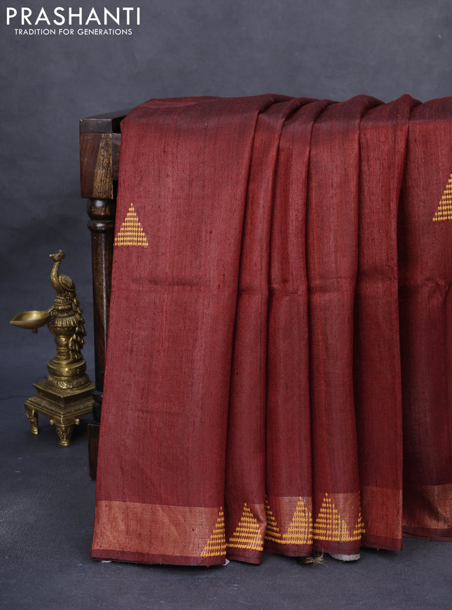 Pure dupion silk saree deep maroon and grey shade with thread woven buttas and kalamkari printed pallu