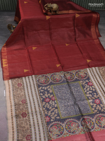Pure dupion silk saree deep maroon and grey shade with thread woven buttas and kalamkari printed pallu