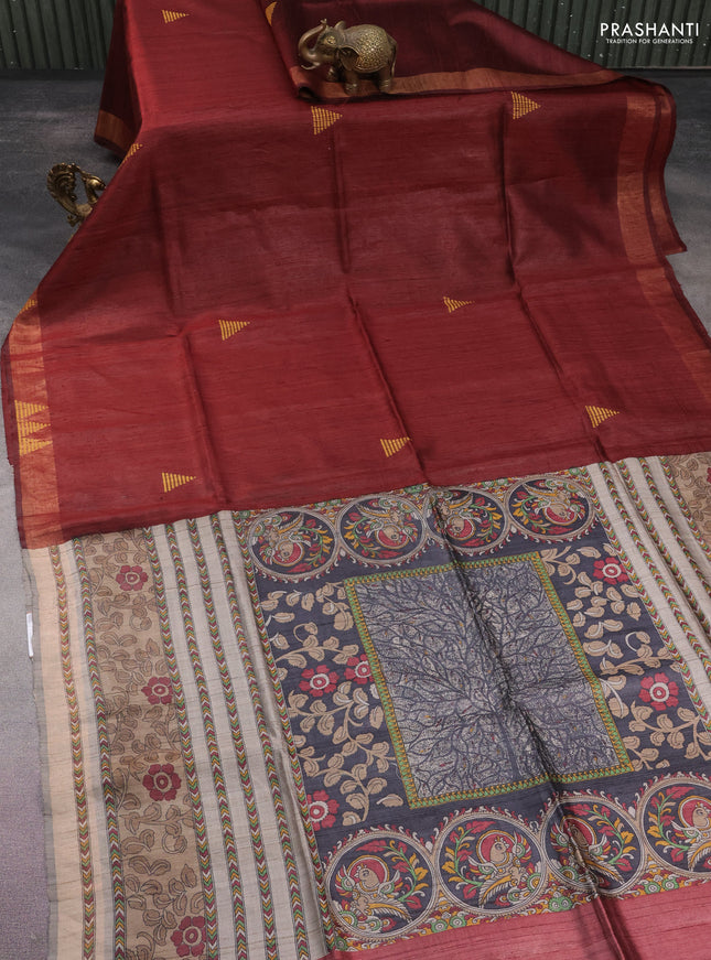 Pure dupion silk saree deep maroon and grey shade with thread woven buttas and kalamkari printed pallu