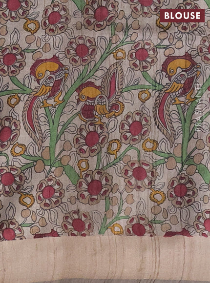 Pure dupion silk saree deep maroon and grey shade with thread woven buttas and kalamkari printed pallu