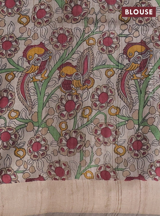 Pure dupion silk saree deep maroon and grey shade with thread woven buttas and kalamkari printed pallu