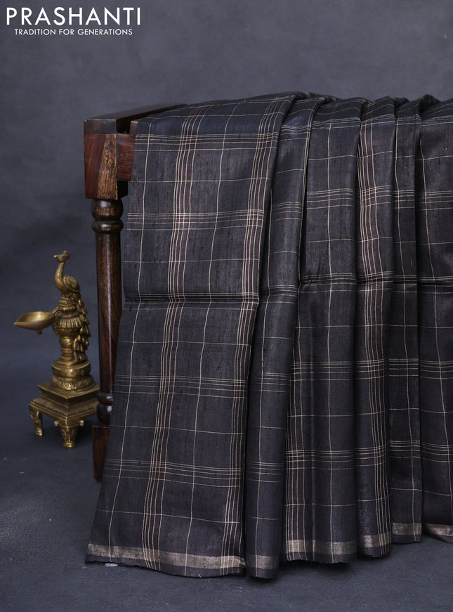 Pure dupion silk saree black and beige grey with allover zari checked pattern and kalamkari printed pallu