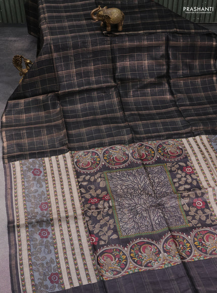 Pure dupion silk saree black and beige grey with allover zari checked pattern and kalamkari printed pallu