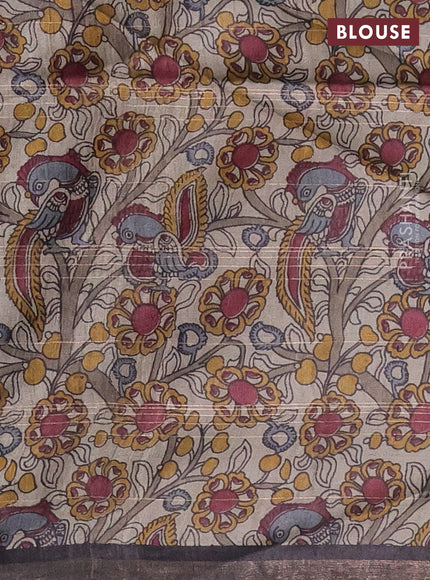 Pure dupion silk saree black and beige grey with allover zari checked pattern and kalamkari printed pallu