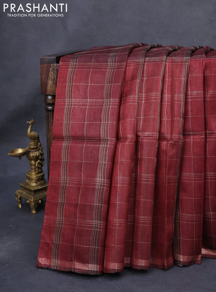 Pure dupion silk saree maroon and brown beige with allover zari checked pattern and kalamkari printed pallu