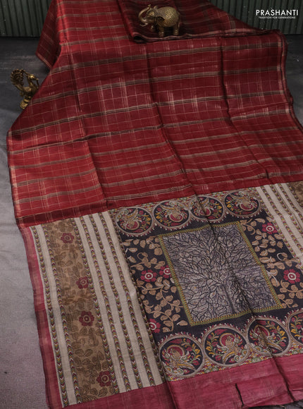 Pure dupion silk saree maroon and brown beige with allover zari checked pattern and kalamkari printed pallu