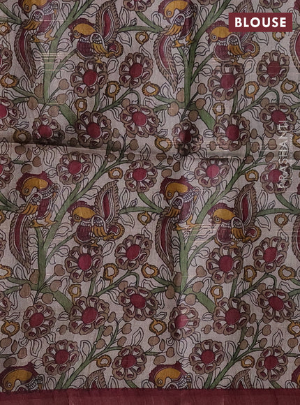 Pure dupion silk saree maroon and brown beige with allover zari checked pattern and kalamkari printed pallu