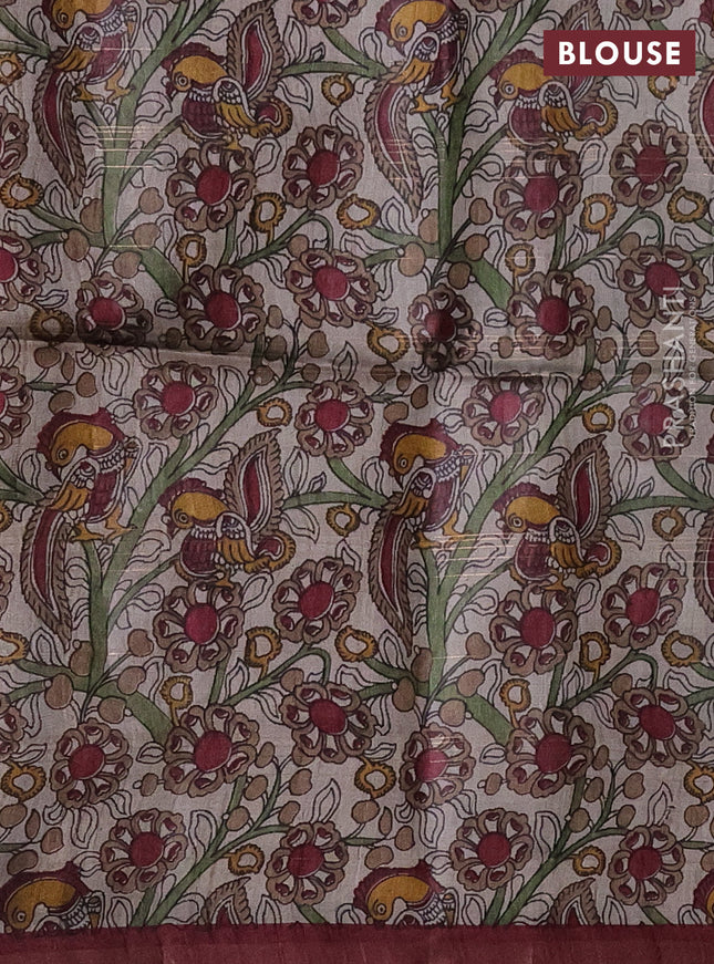 Pure dupion silk saree maroon and brown beige with allover zari checked pattern and kalamkari printed pallu