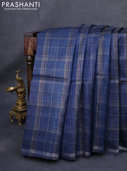 Pure dupion silk saree peacock blue and grey beige with allover zari checked pattern and kalamkari printed pallu