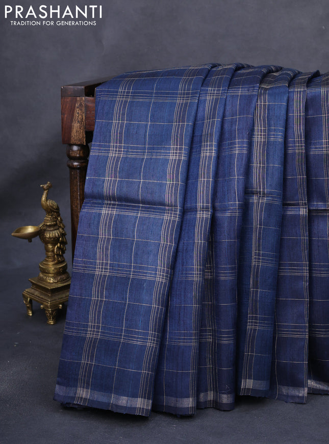 Pure dupion silk saree peacock blue and grey beige with allover zari checked pattern and kalamkari printed pallu