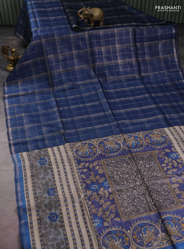 Pure dupion silk saree peacock blue and grey beige with allover zari checked pattern and kalamkari printed pallu