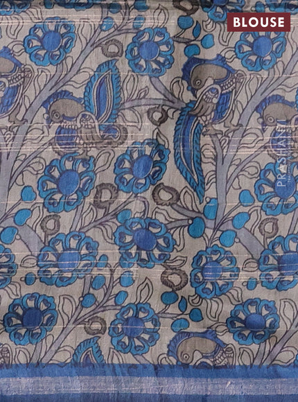 Pure dupion silk saree peacock blue and grey beige with allover zari checked pattern and kalamkari printed pallu