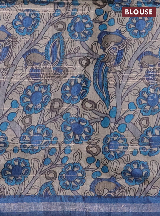 Pure dupion silk saree peacock blue and grey beige with allover zari checked pattern and kalamkari printed pallu