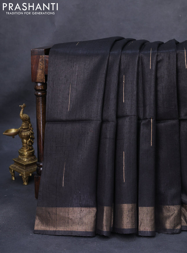 Pure dupion silk saree black and beige with zari woven buttas and kalamkari printed pallu