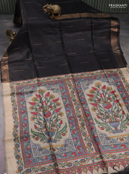 Pure dupion silk saree black and beige with zari woven buttas and kalamkari printed pallu