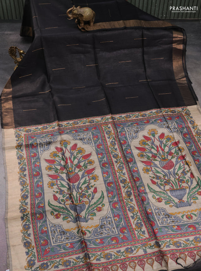 Pure dupion silk saree black and beige with zari woven buttas and kalamkari printed pallu