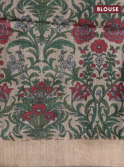 Pure dupion silk saree black and beige with zari woven buttas and kalamkari printed pallu