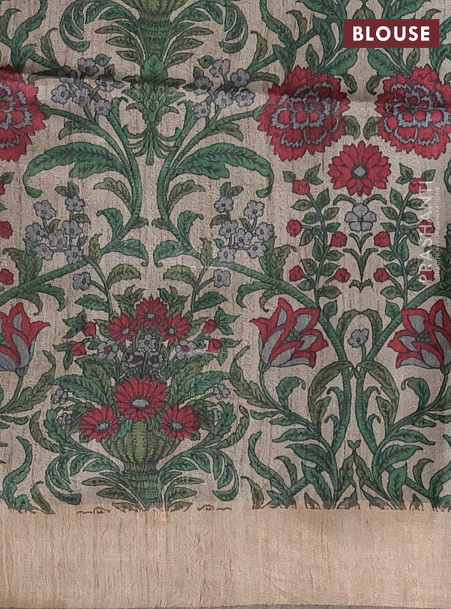 Pure dupion silk saree black and beige with zari woven buttas and kalamkari printed pallu