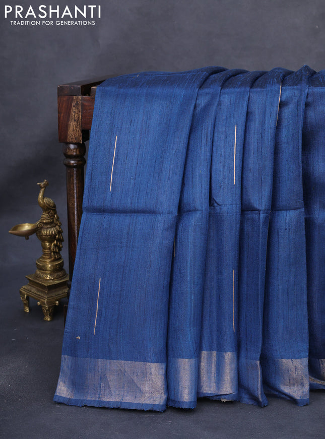 Pure dupion silk saree peacock blue and beige with zari woven buttas and kalamkari printed pallu
