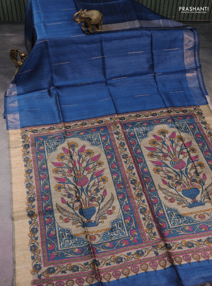 Pure dupion silk saree peacock blue and beige with zari woven buttas and kalamkari printed pallu
