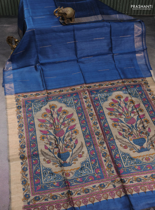 Pure dupion silk saree peacock blue and beige with zari woven buttas and kalamkari printed pallu