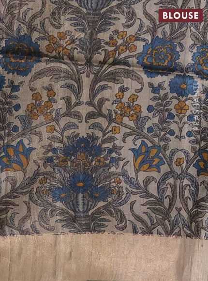 Pure dupion silk saree peacock blue and beige with zari woven buttas and kalamkari printed pallu