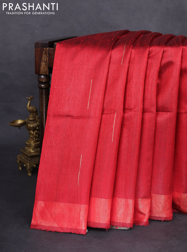 Pure dupion silk saree red and beige with zari woven buttas and kalamkari printed pallu