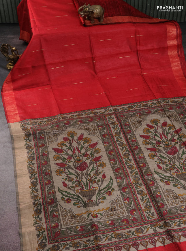 Pure dupion silk saree red and beige with zari woven buttas and kalamkari printed pallu