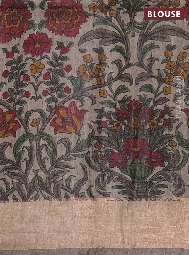 Pure dupion silk saree red and beige with zari woven buttas and kalamkari printed pallu