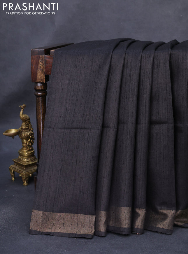 Pure dupion silk saree black and beige with plain body and madhubani printed pallu