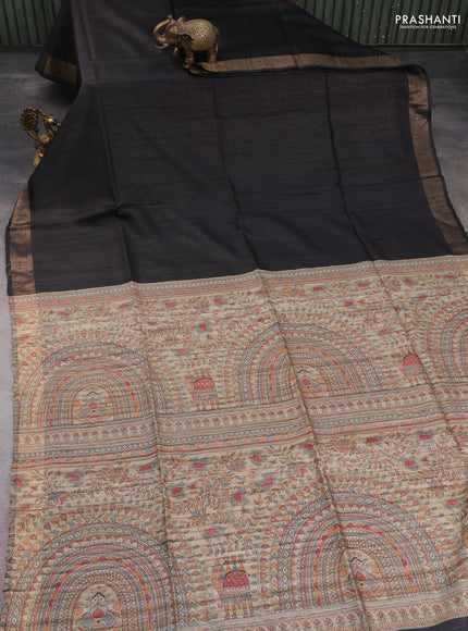 Pure dupion silk saree black and beige with plain body and madhubani printed pallu