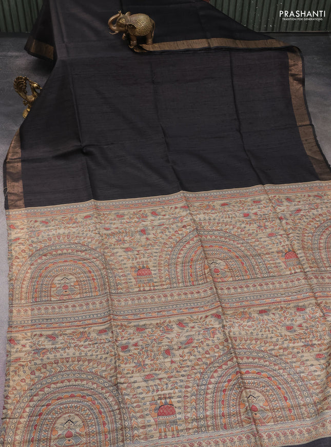 Pure dupion silk saree black and beige with plain body and madhubani printed pallu