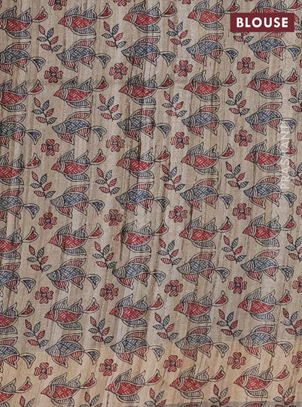 Pure dupion silk saree black and beige with plain body and madhubani printed pallu