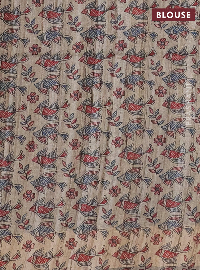 Pure dupion silk saree black and beige with plain body and madhubani printed pallu