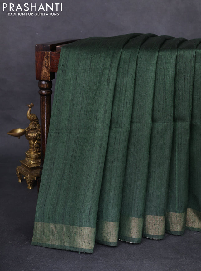 Pure dupion silk saree sap green and beige with plain body and madhubani printed pallu