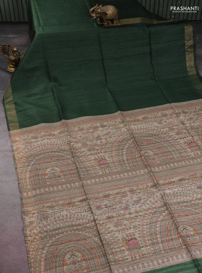 Pure dupion silk saree sap green and beige with plain body and madhubani printed pallu