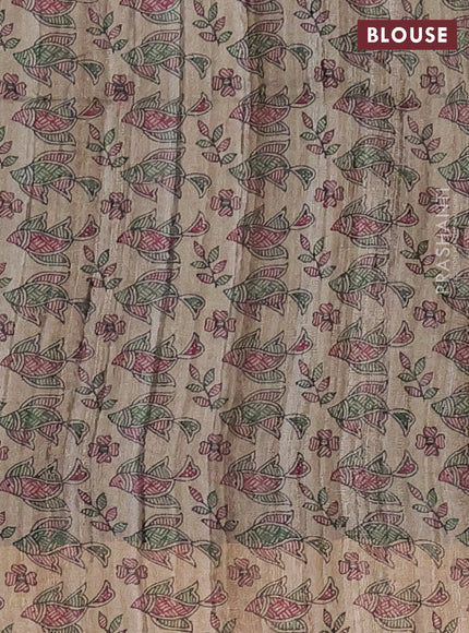 Pure dupion silk saree sap green and beige with plain body and madhubani printed pallu