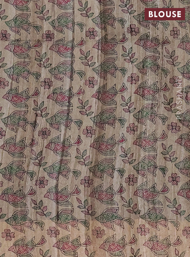 Pure dupion silk saree sap green and beige with plain body and madhubani printed pallu