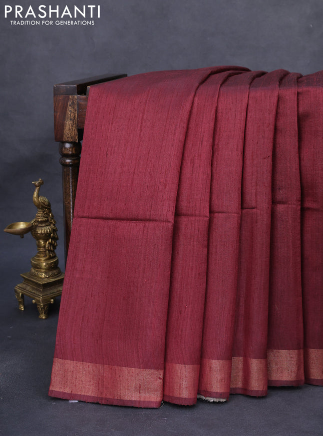 Pure dupion silk saree deep maroon and beige with plain body and madhubani printed pallu