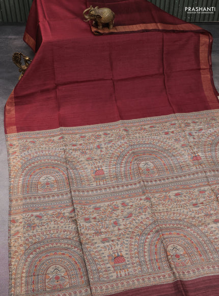 Pure dupion silk saree deep maroon and beige with plain body and madhubani printed pallu
