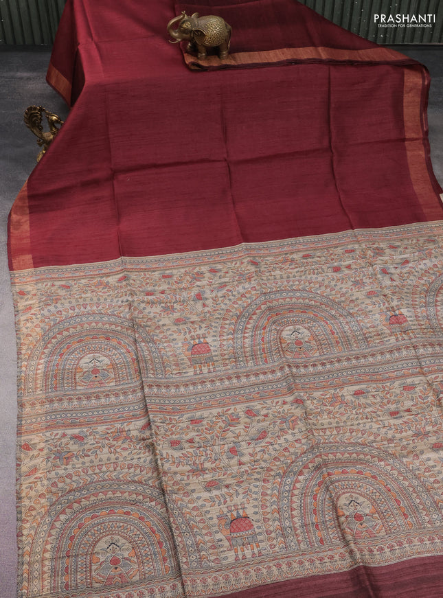 Pure dupion silk saree deep maroon and beige with plain body and madhubani printed pallu