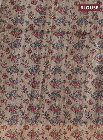 Pure dupion silk saree deep maroon and beige with plain body and madhubani printed pallu