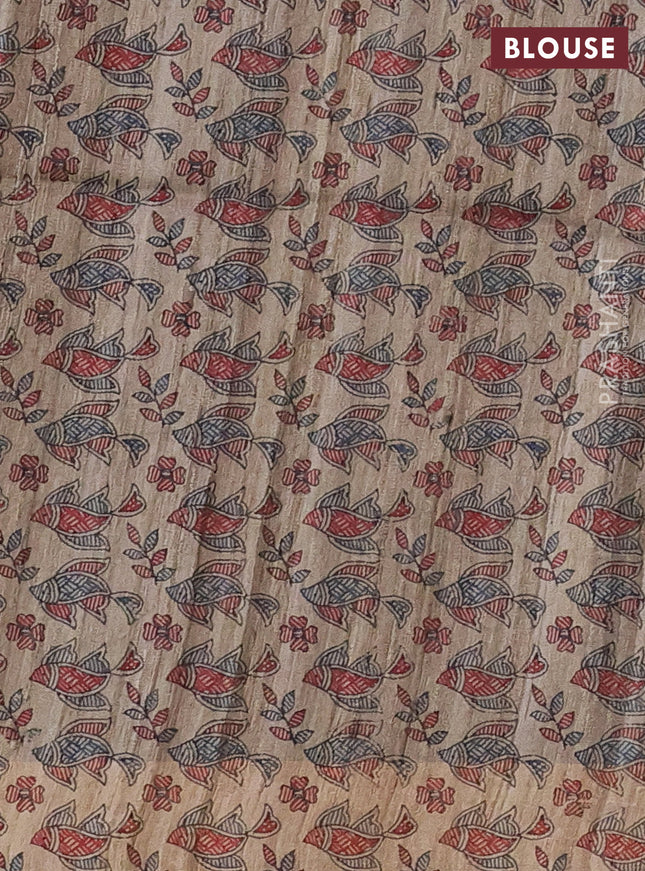 Pure dupion silk saree deep maroon and beige with plain body and madhubani printed pallu