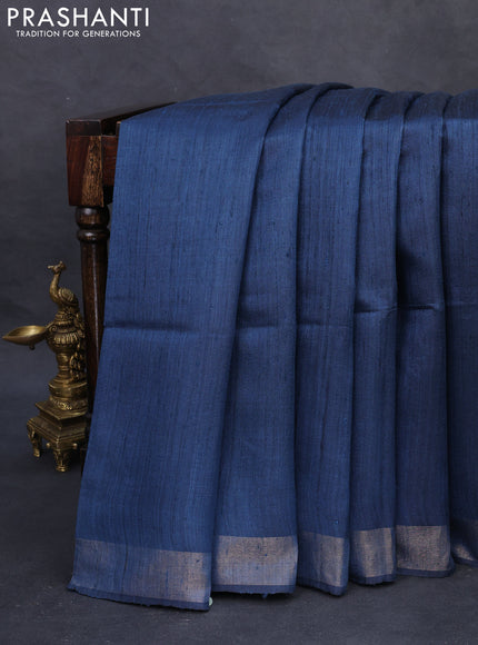 Pure dupion silk saree peacock blue and beige with plain body and madhubani printed pallu