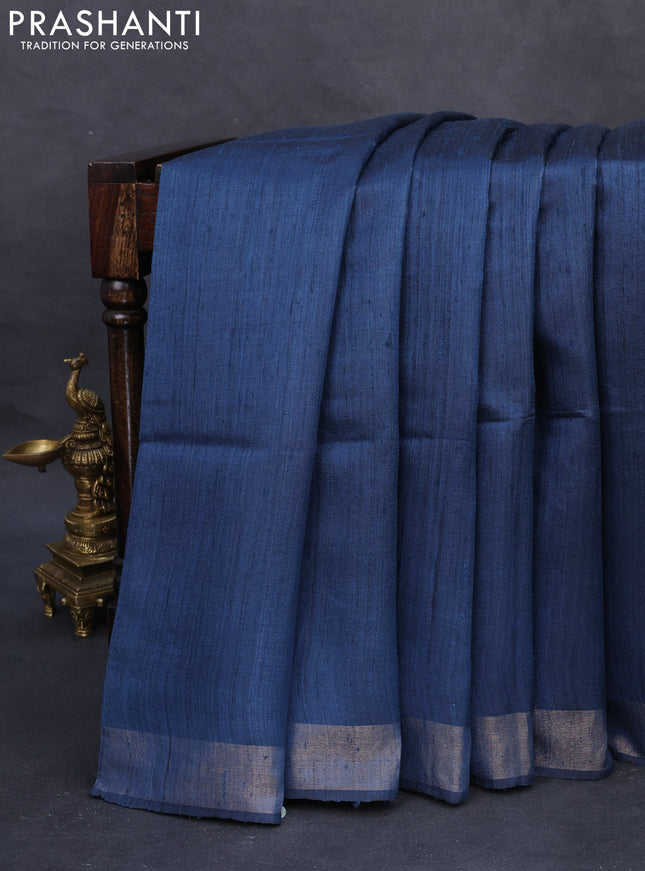 Pure dupion silk saree peacock blue and beige with plain body and madhubani printed pallu