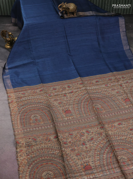 Pure dupion silk saree peacock blue and beige with plain body and madhubani printed pallu