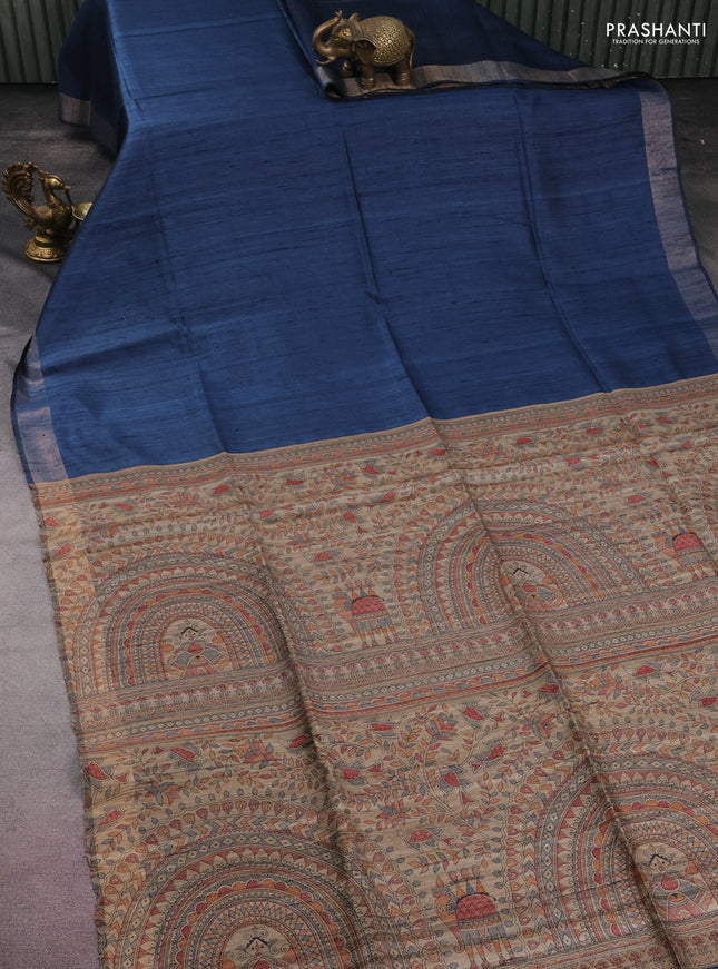 Pure dupion silk saree peacock blue and beige with plain body and madhubani printed pallu