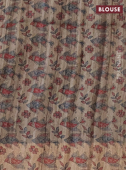 Pure dupion silk saree peacock blue and beige with plain body and madhubani printed pallu