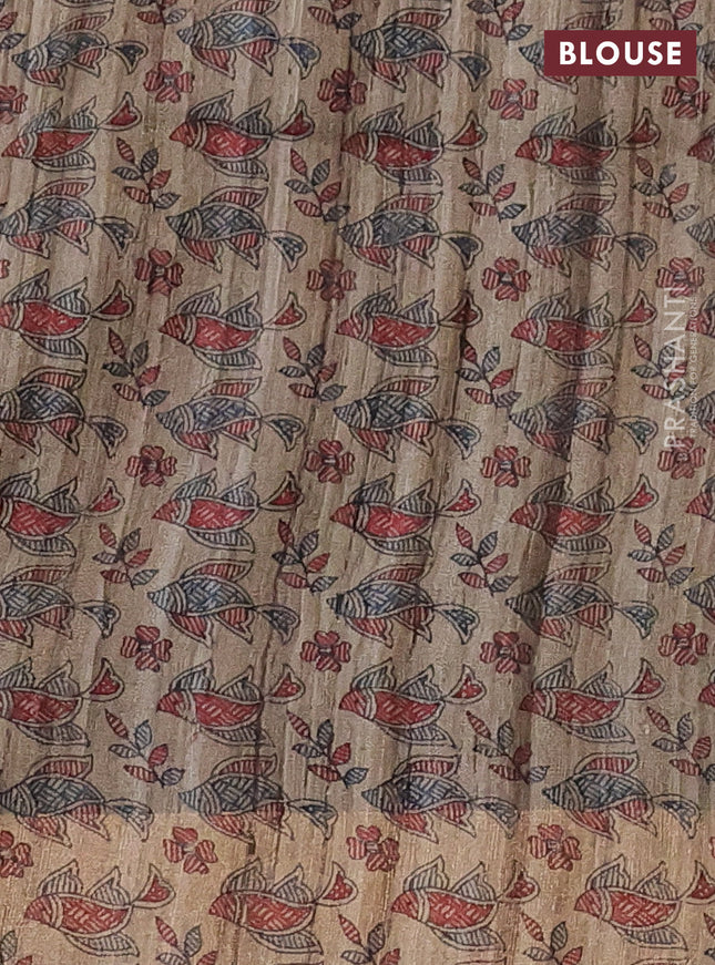 Pure dupion silk saree peacock blue and beige with plain body and madhubani printed pallu