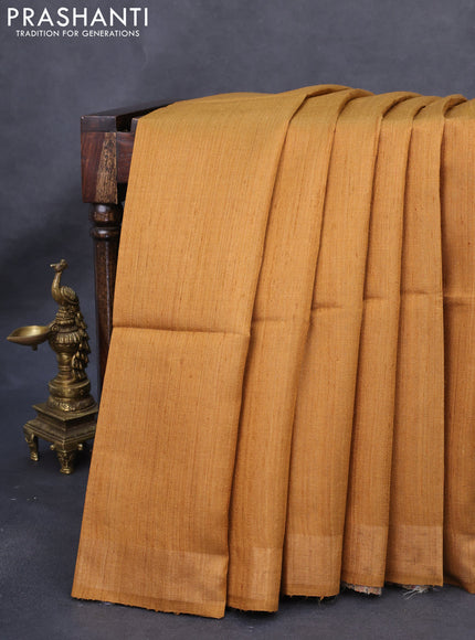 Pure dupion silk saree mustard yellow and beige with plain body and madhubani printed pallu